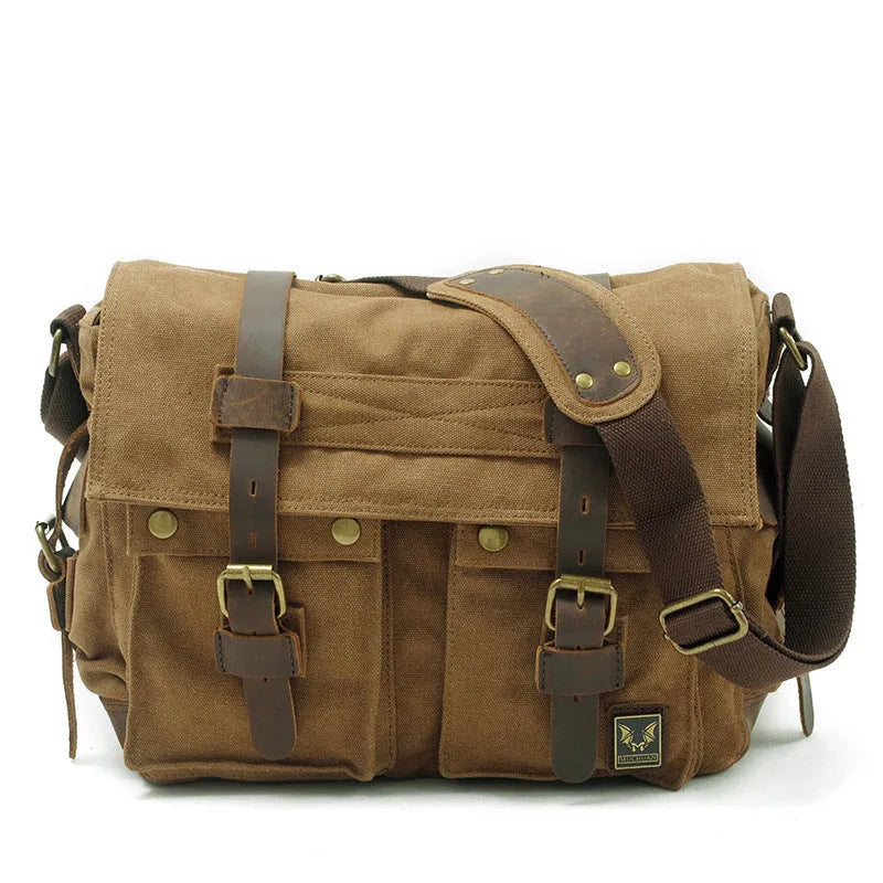 Men's brown retro canvas crossbody bag with a flap closure and a single shoulder strap.