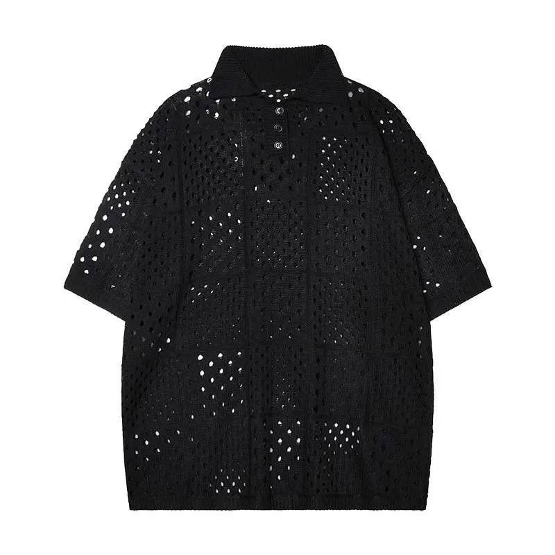 Men's loose fit short sleeve polo shirt in solid black colour for teenage casual wear