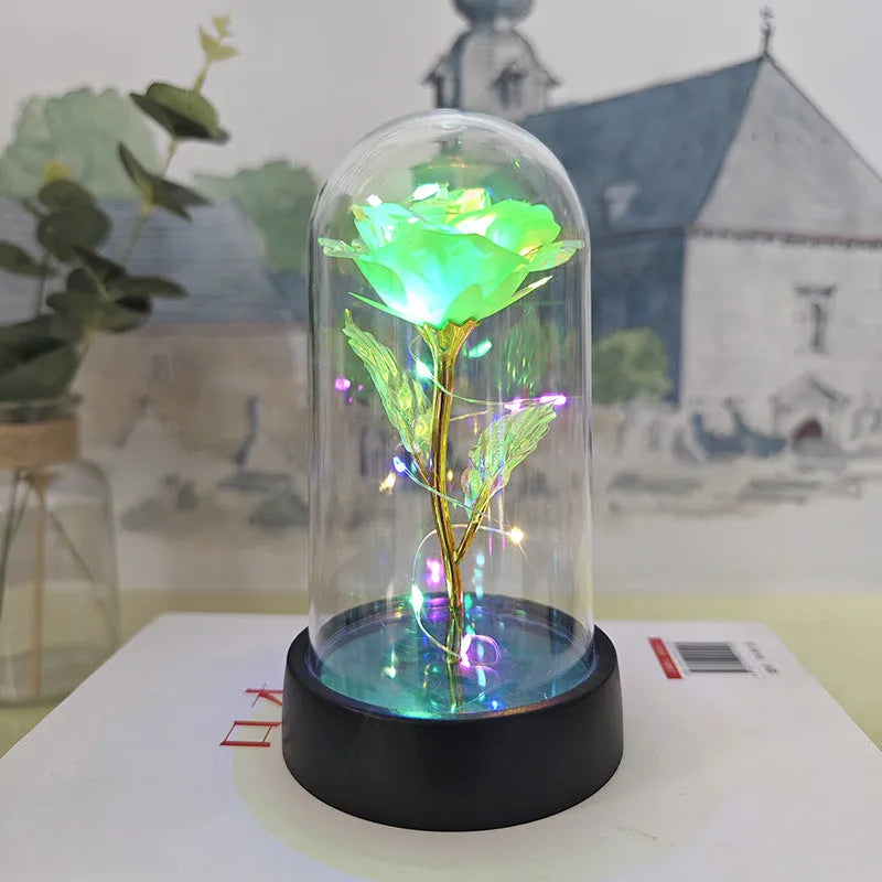 Small plastic night lamp with glass cover and flower decoration on black base