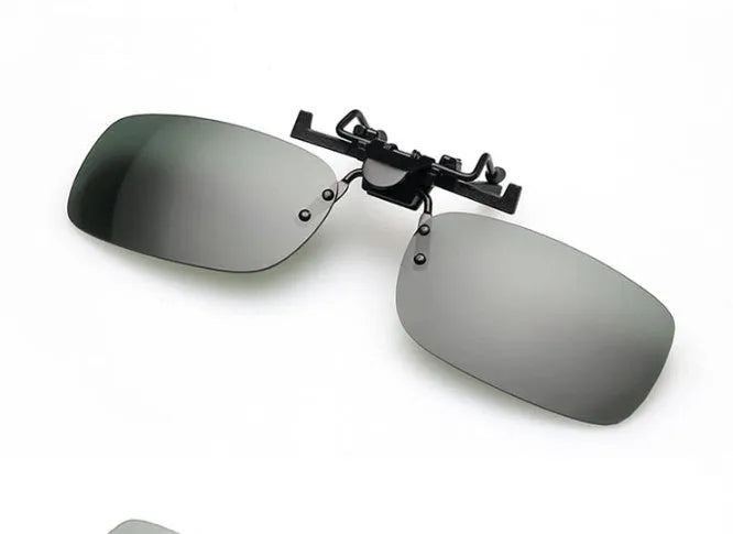 A pair of polycarbonate clip-on sunglasses for prescription glasses, shown in a dark green tint.