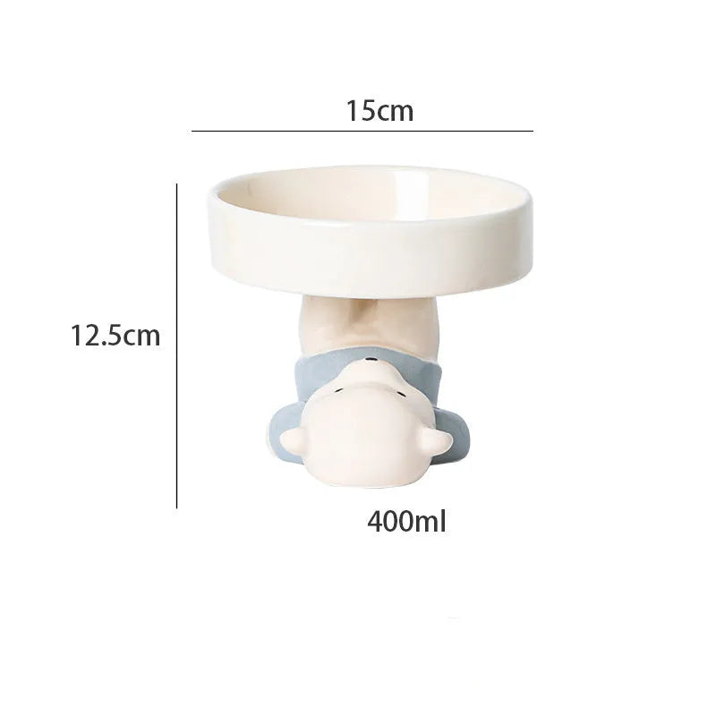 Raised ceramic cat bowl with animal theme design showing 4.92 inch elevation and 15cm diameter