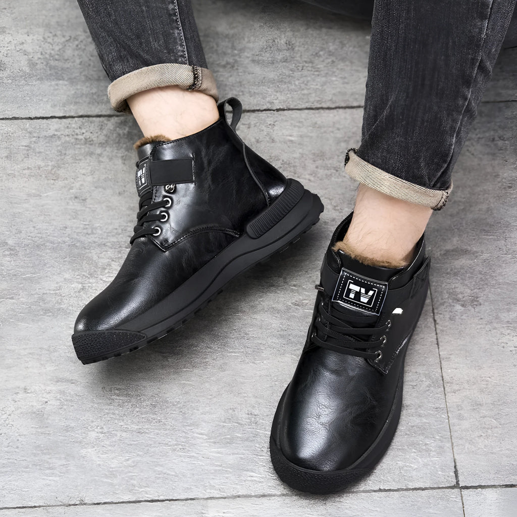 Black and brown high-top Martin platform boots with velvet artificial PU upper and rubber sole