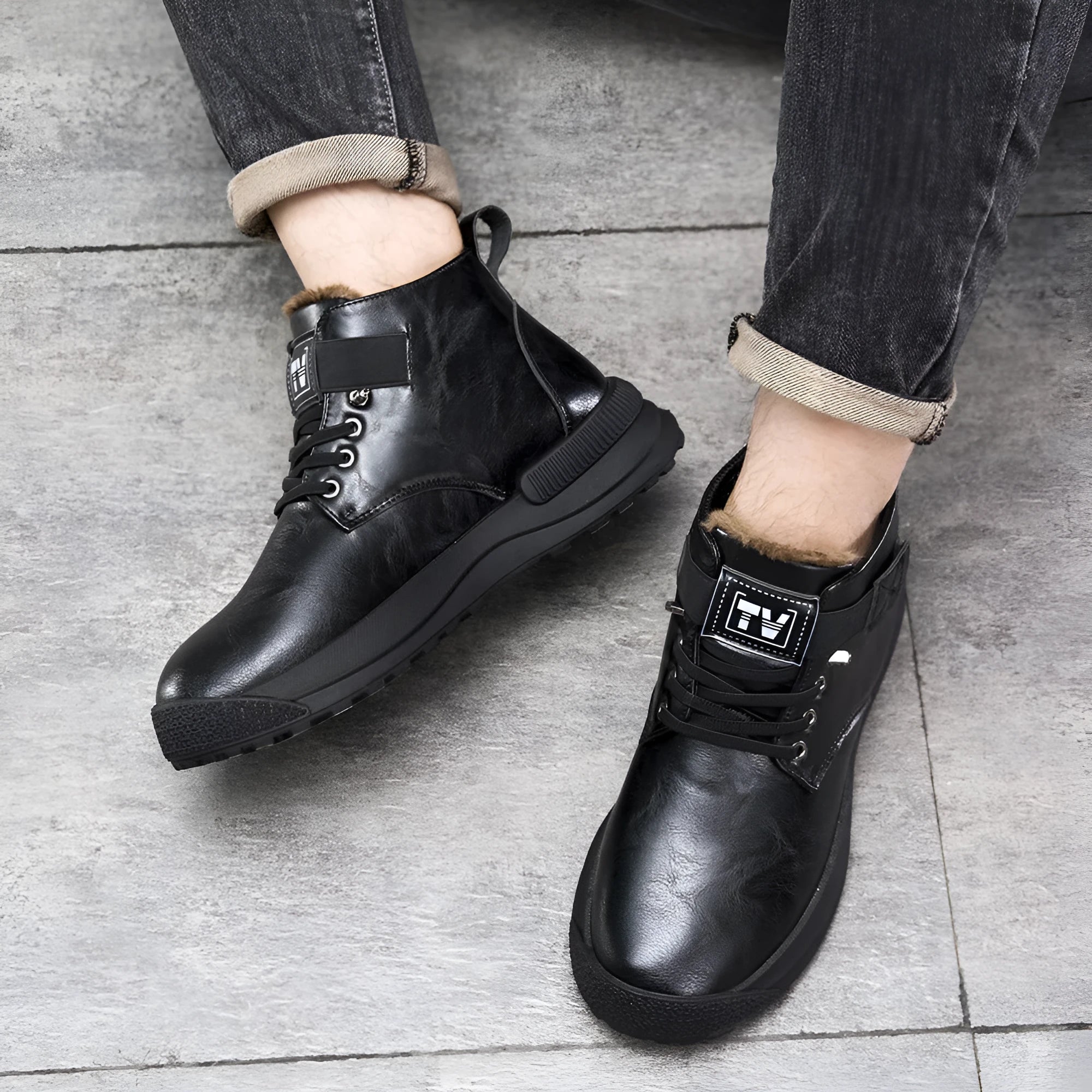 Black and brown high-top Martin platform boots with velvet artificial PU upper and rubber sole