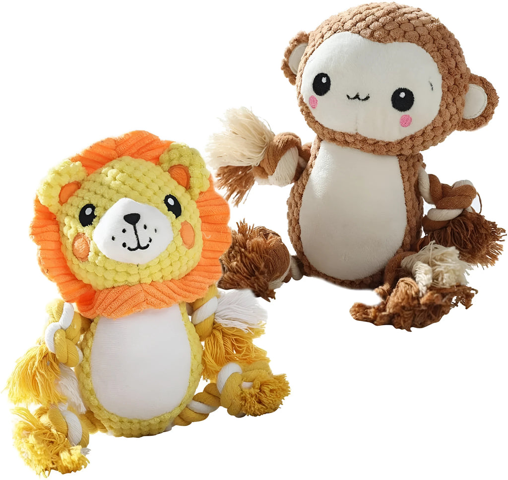 Lion and monkey plush squeaky dog toys side by side, showcasing two different designs in the bundle.