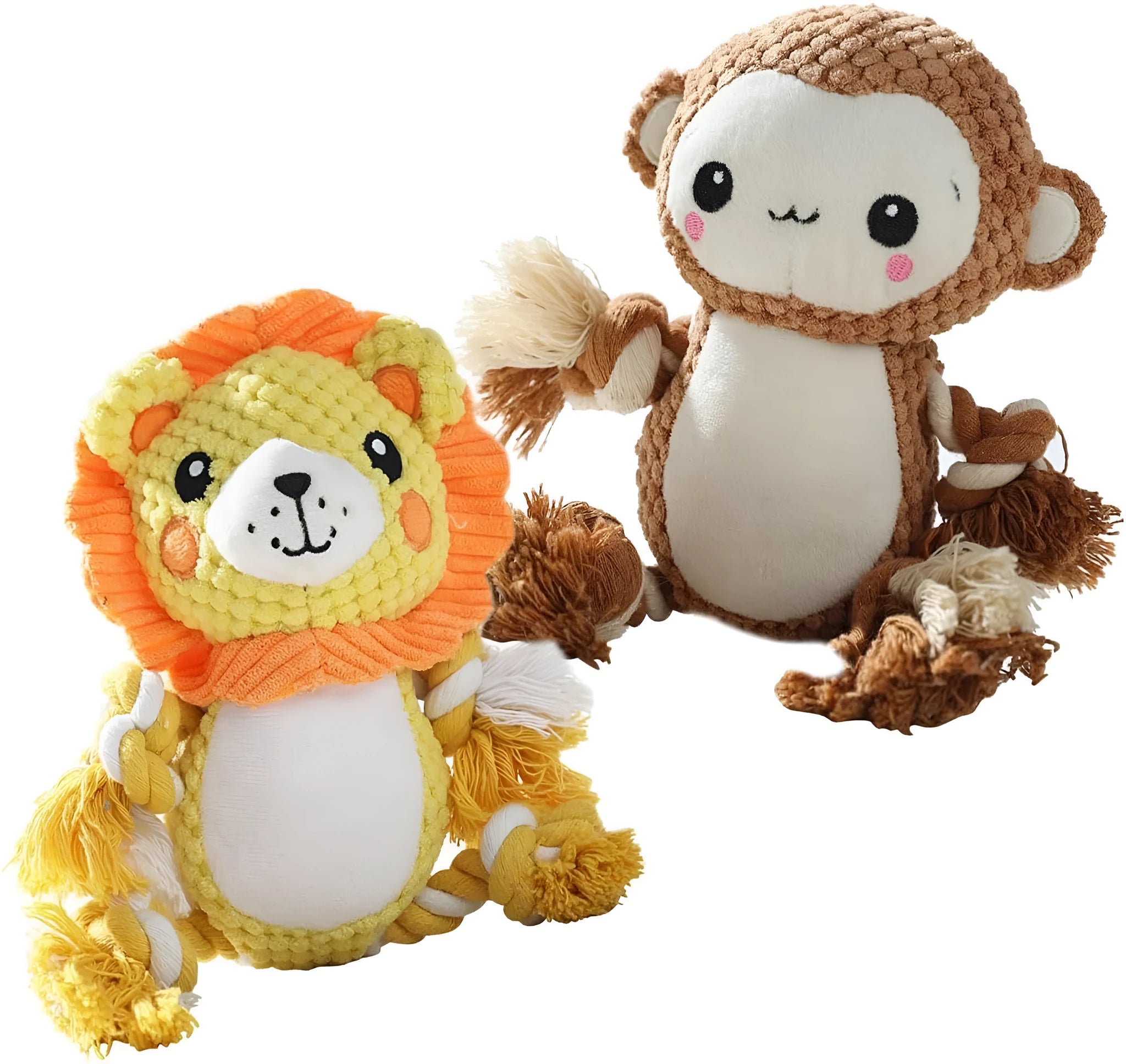 Lion and monkey plush squeaky dog toys side by side, showcasing two different designs in the bundle.