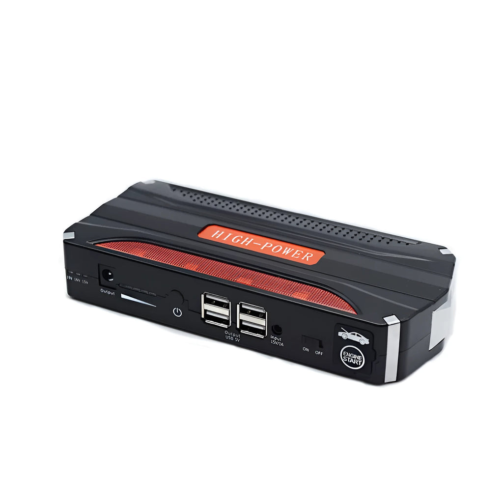 Black and red 12V vehicle emergency jump starter power bank with stated 7800mAh capacity.