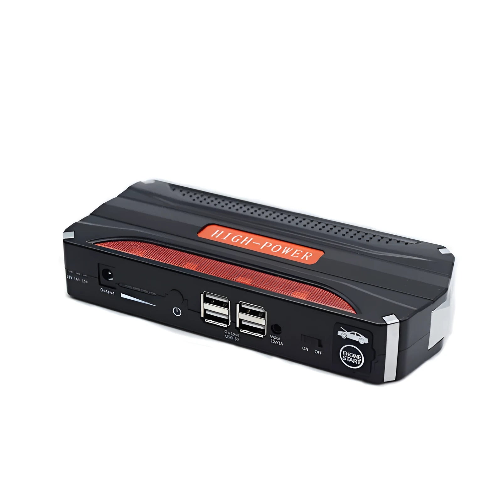 Black and red 12V vehicle emergency jump starter power bank with stated 7800mAh capacity.