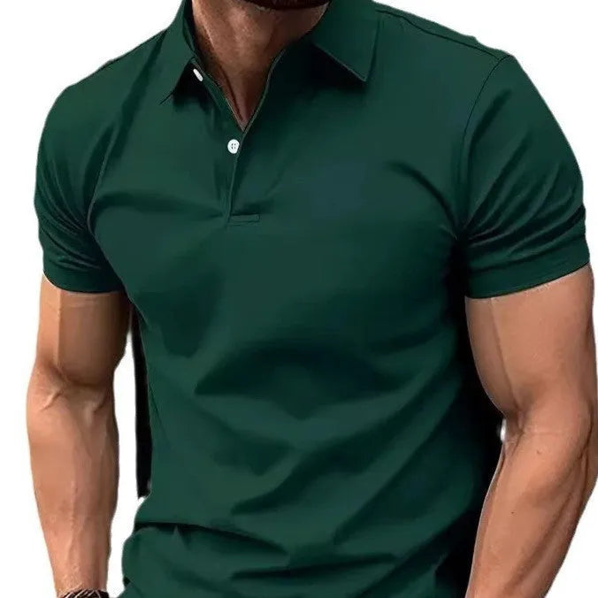 Men's slim fit casual short sleeve button-up shirt in a solid colour on a hanger.