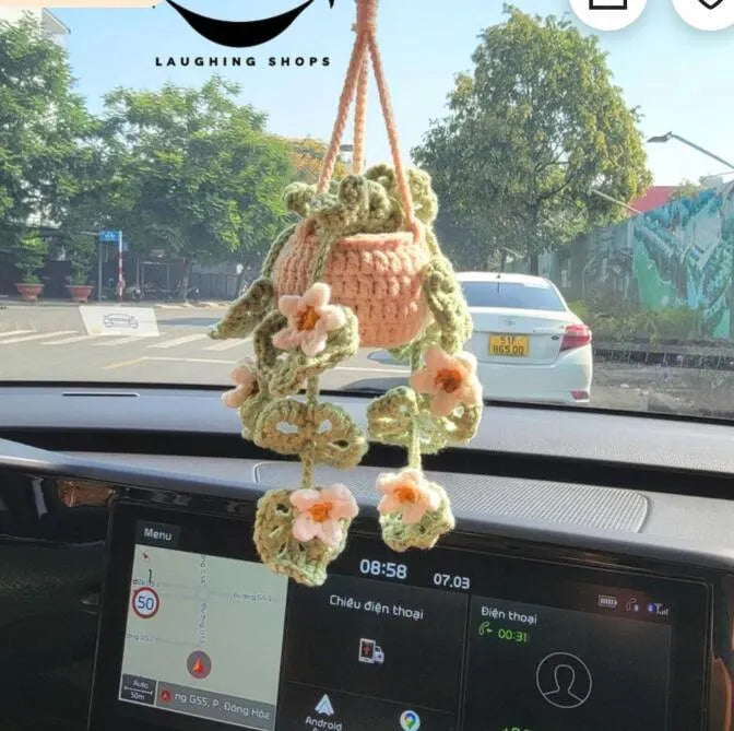 Green and white knitted car plant decoration with hanging rope on 8cm plastic base