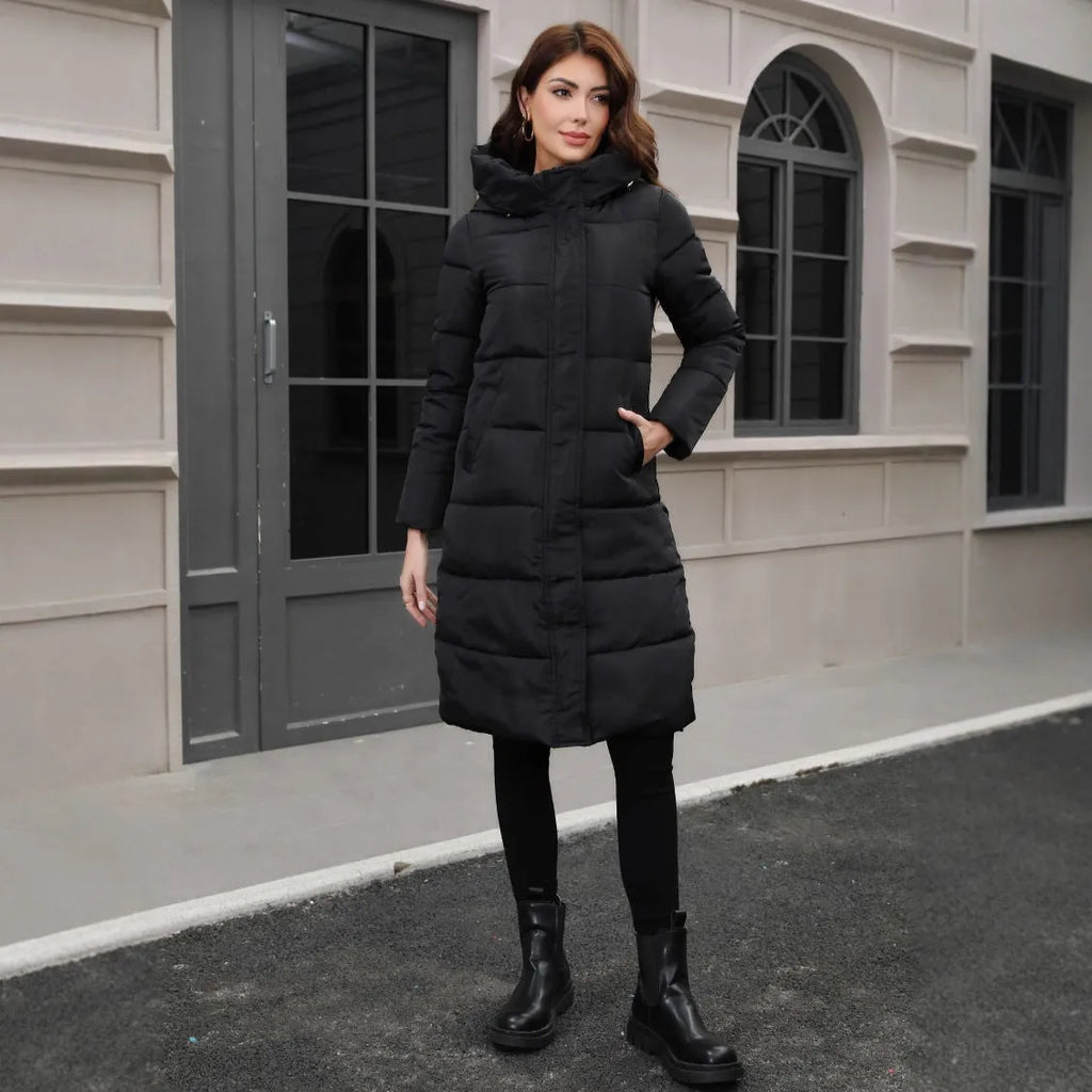 Black hooded slim fit winter jacket with regular sleeves on mannequin