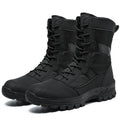 Men's black and camouflage high-top combat boots with mesh upper and totem detailing