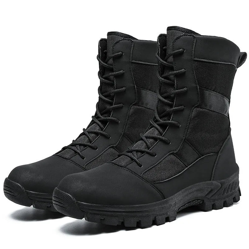 Men's black and camouflage high-top combat boots with mesh upper and totem detailing