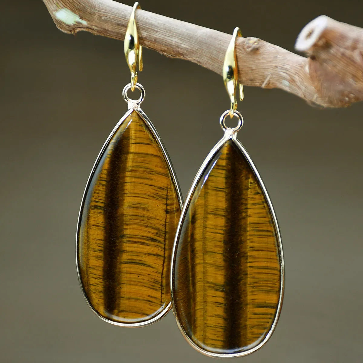 Vintage handmade stone drop earrings with water droplet shape in five colour options including tigereye and amethyst