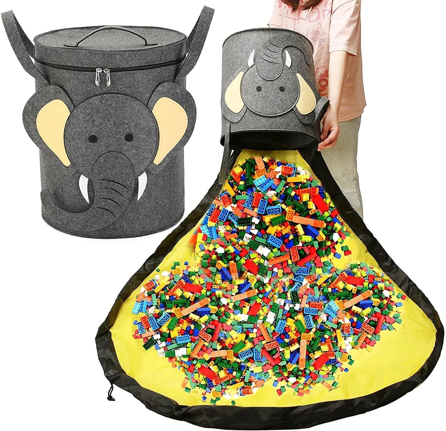 Green felt storage cube with pull rope unfolded as waterproof play mat for children's toys