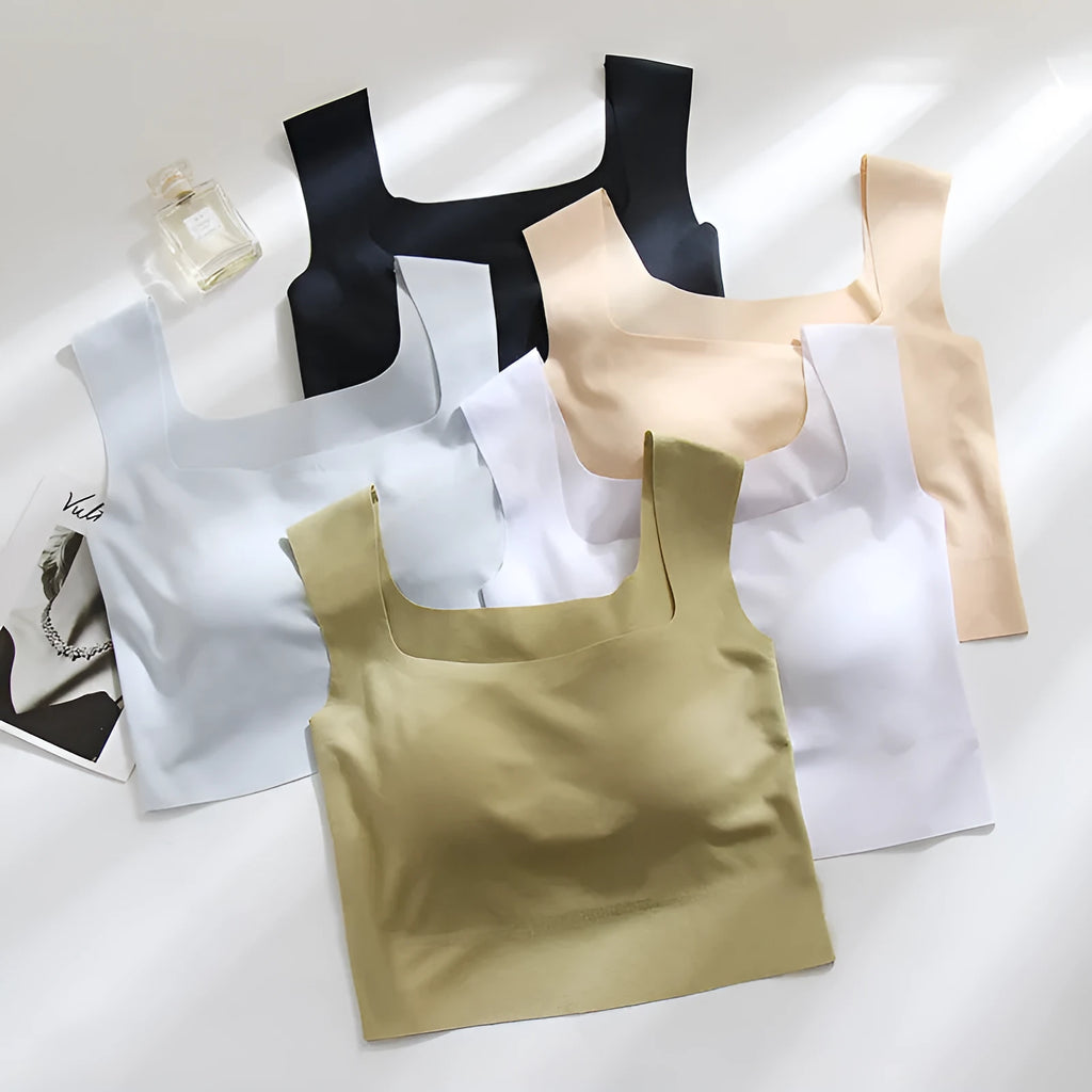 Women's non-marking nylon sling vest with chest pad in light blue, shown from the back.