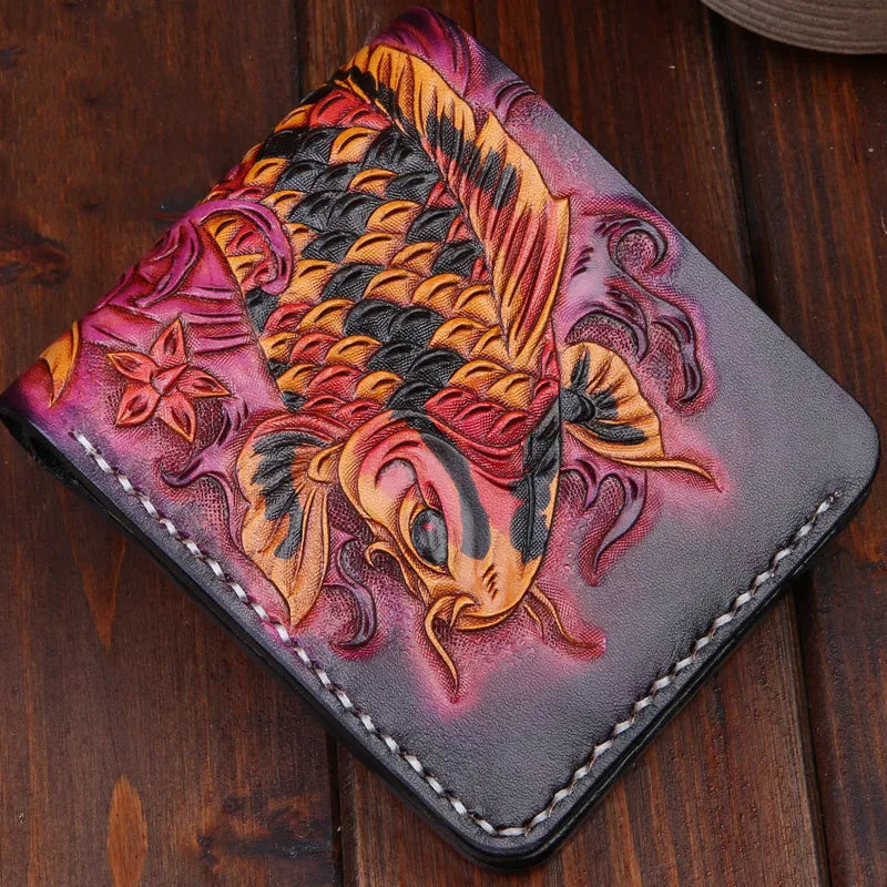 Handmade red men's cow leather short wallet with open closure.