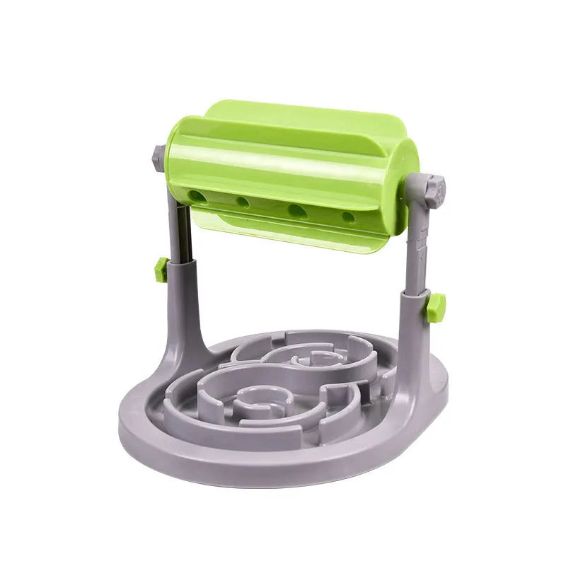 Blue interactive pet slow feeder bowl with adjustable height and puzzle design