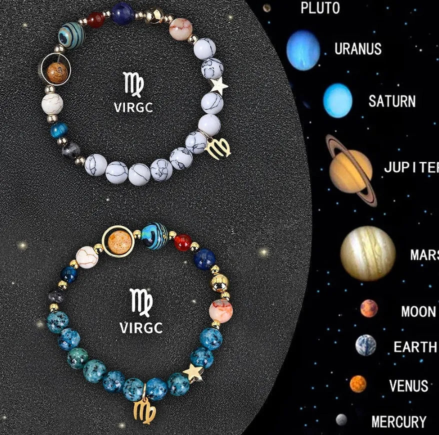 Set of two natural stone beaded bracelets featuring zodiac sign designs on a dark background
