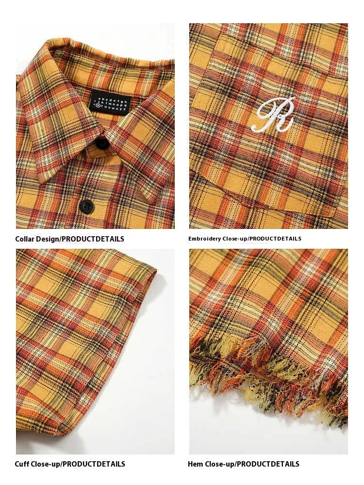 Yellow grid plaid short sleeve shirt with an embroidered chest pocket, shown in a loose unisex fit.
