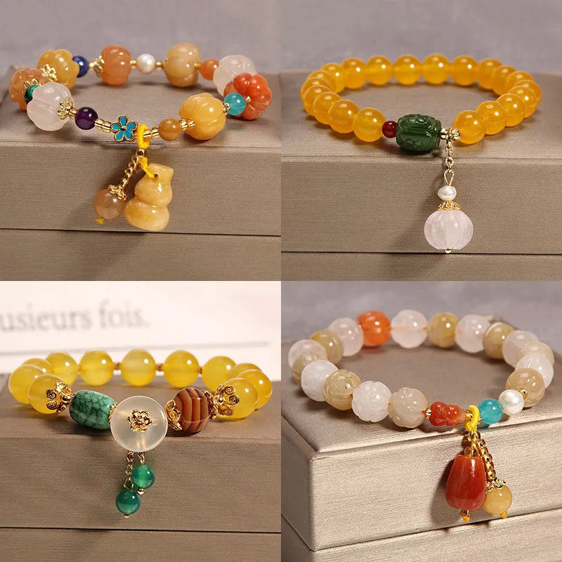 Yellow khaki agate crystal bracelet with gold silk thread for women