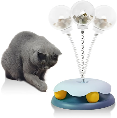 Blue and green options of a round plastic cat treat dispenser toy with a track ball, shown dismantled.