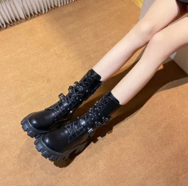 Women's black mid-calf knight boots with metal buckle and side zipper detail