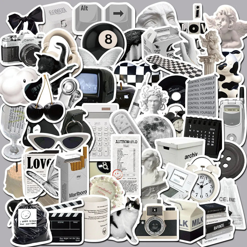 61 black and white PVC waterproof stickers for laptops, phones, and luggage