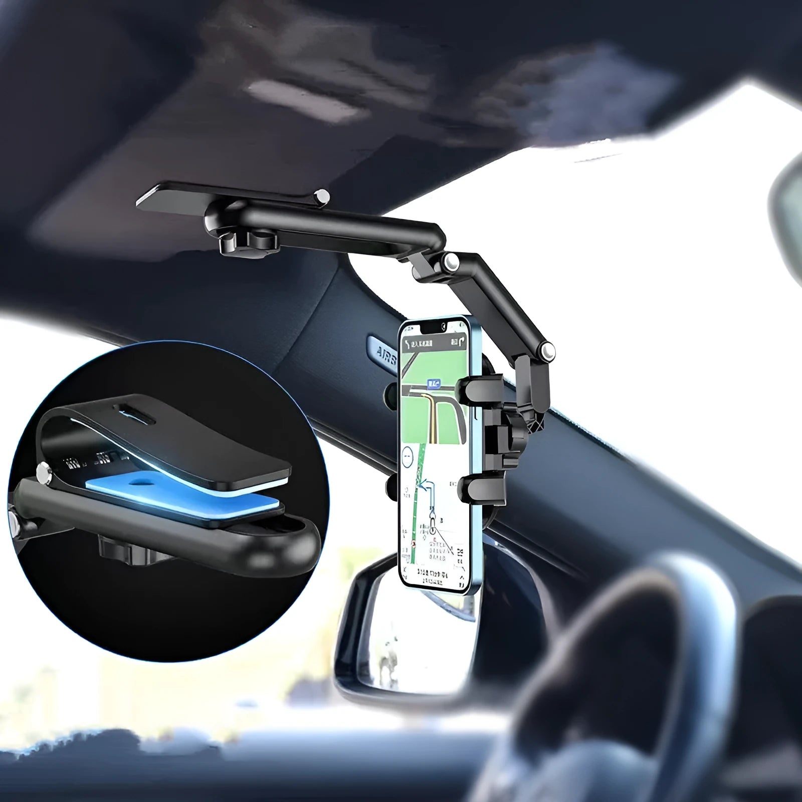 Car sun visor with buckle attachment for rear seat, shown in black and green colour options.