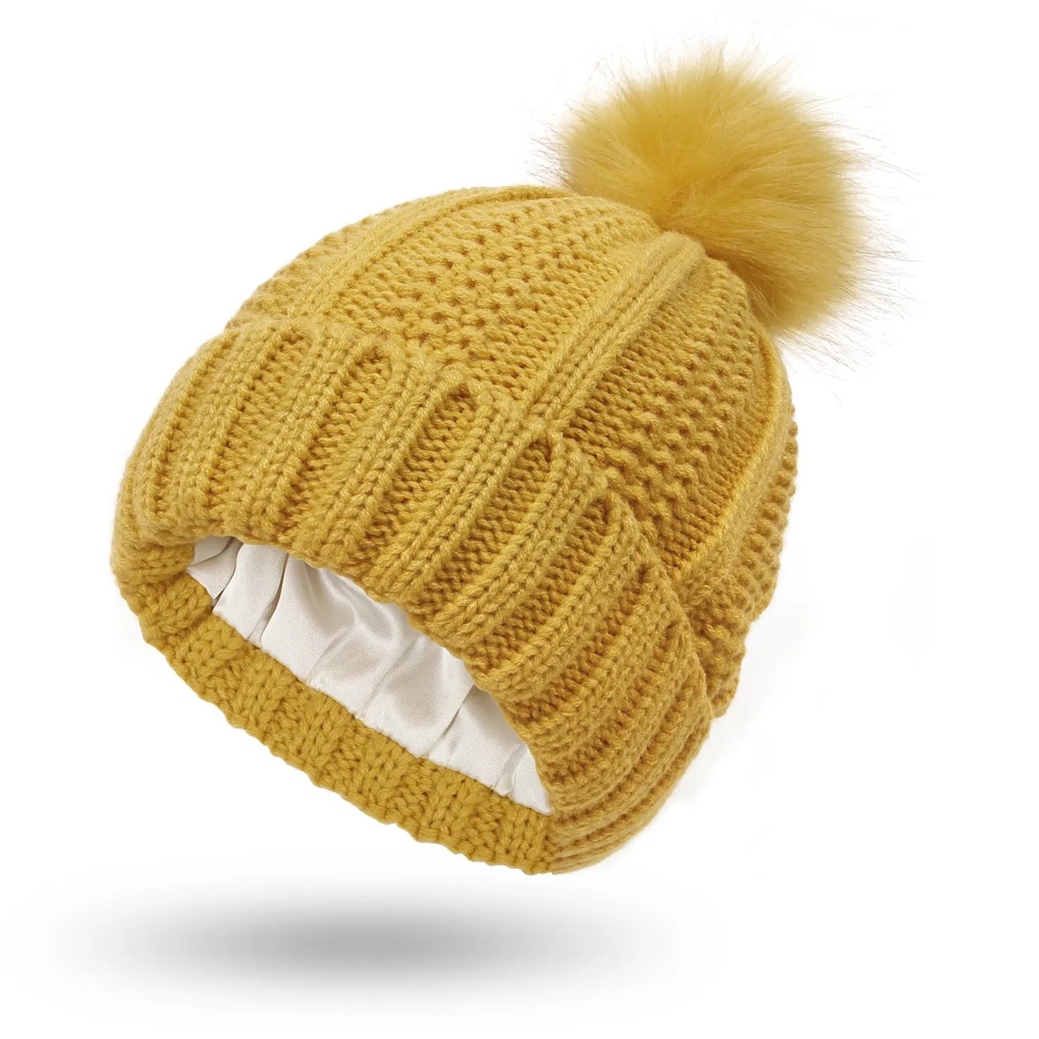 Women's wool beanie hat with satin lining and faux fur pom pom in multiple colours