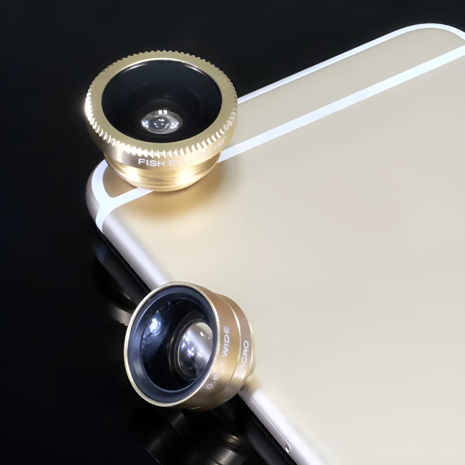 Smartphone camera lens kit with fisheye wide-angle and macro attachments in multiple colour options