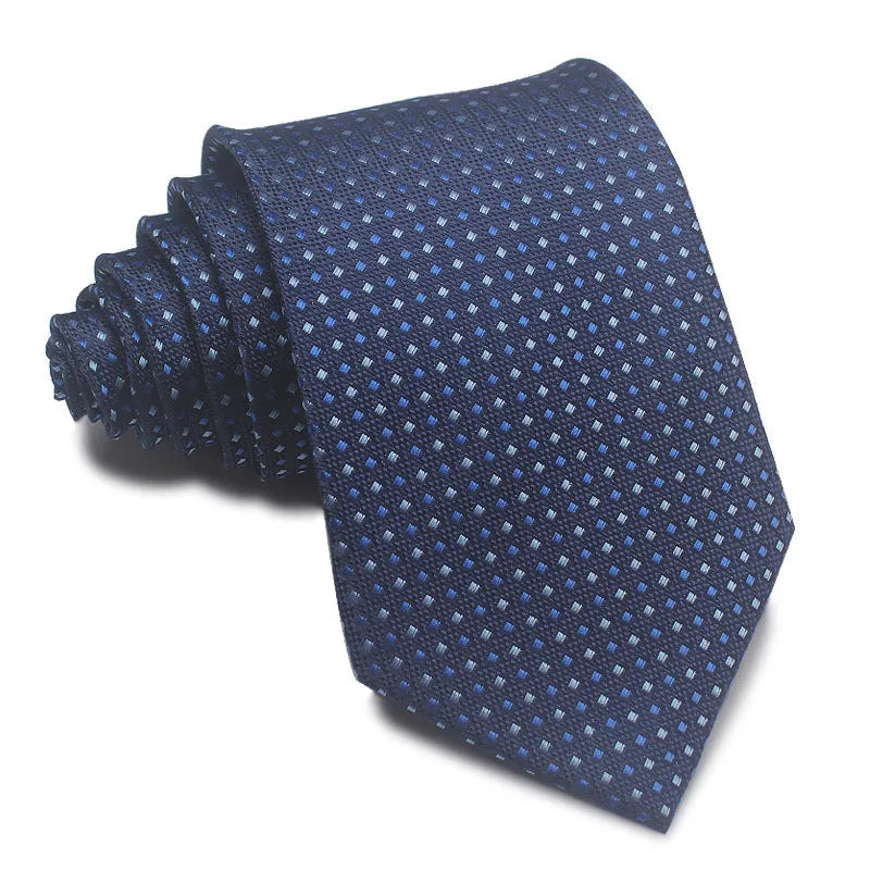 Men's red, black, and blue striped jacquard tie with an arrow shape and 8cm width.