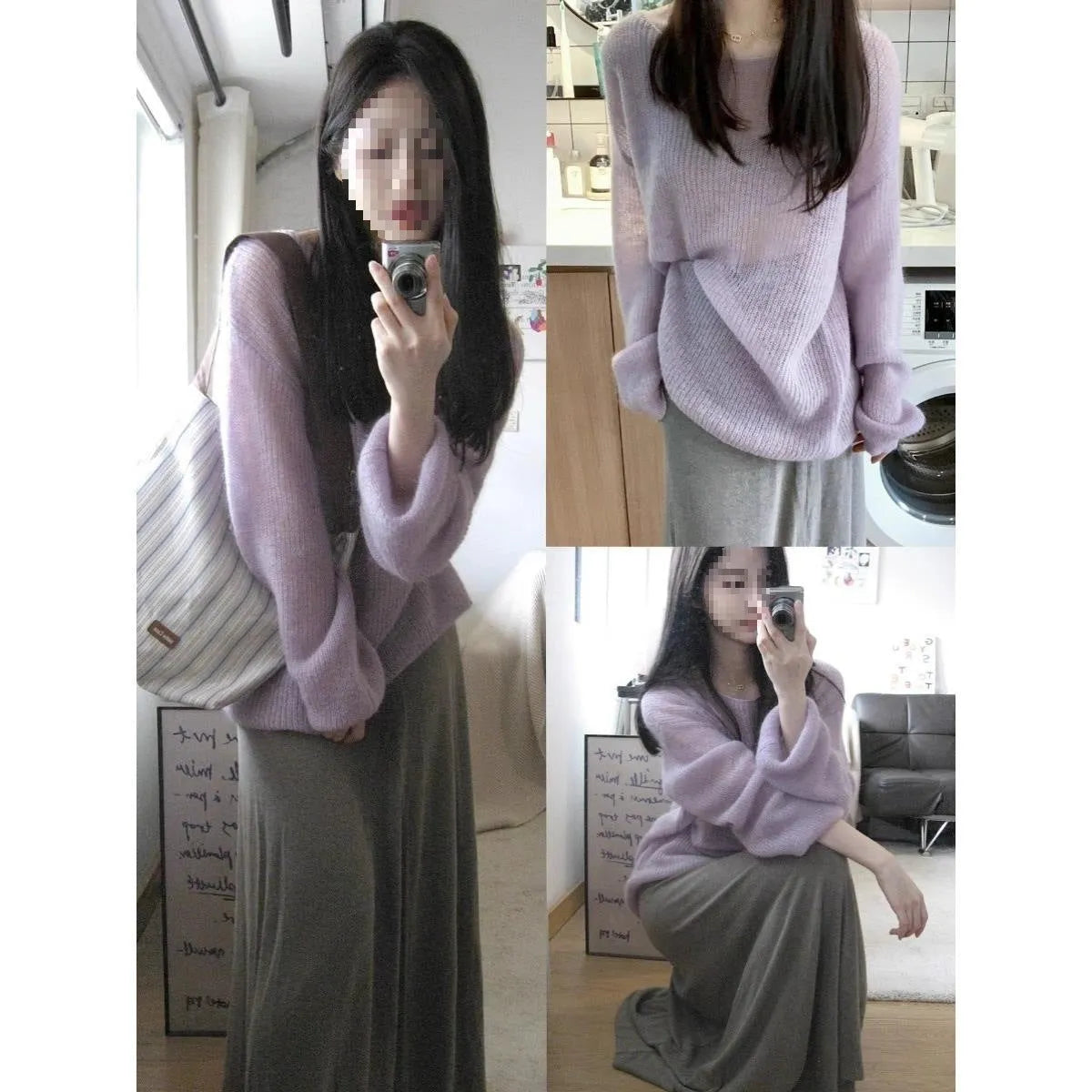 Women's purple ice silk blouse with princess sleeves and shoulder strap design
