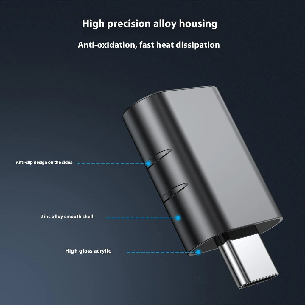 USB converter adapter with zinc alloy shell in various colours including silver, gold, and pink.