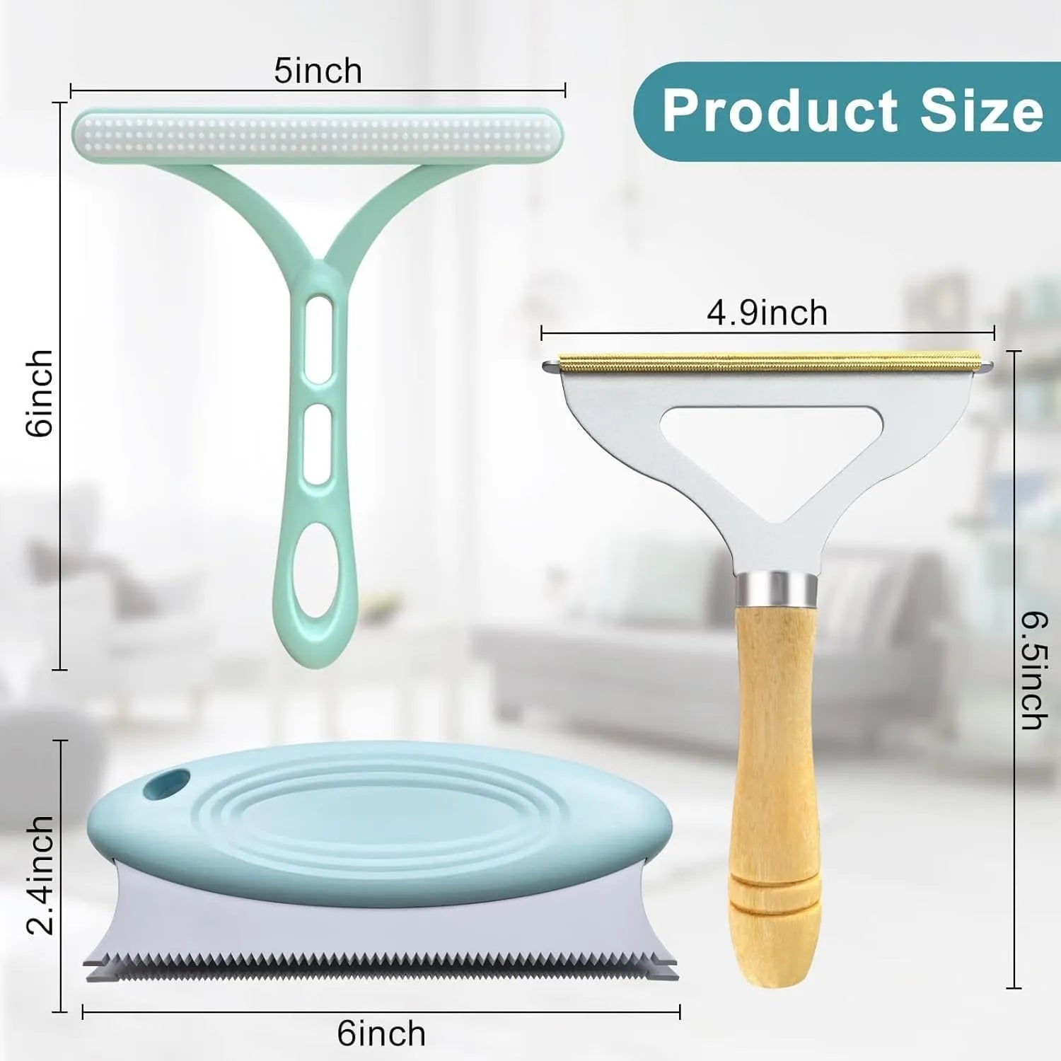Three-piece pet hair remover set with metal tool, silicone brush, and round ABS/TPR cleaner on a carpet.