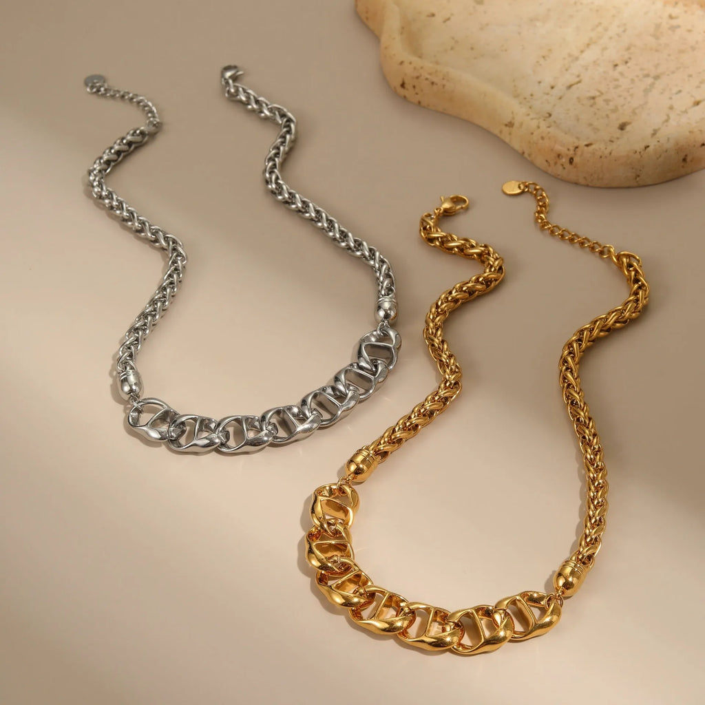 Stainless steel geometric pendant necklace with gold plating on regular chain