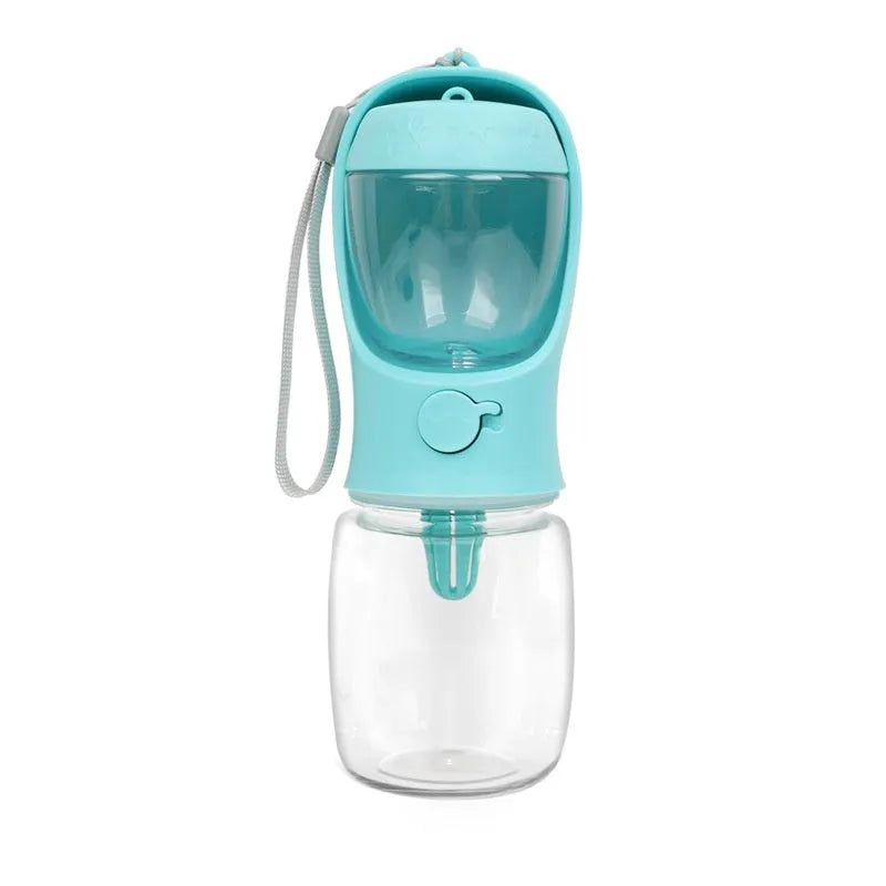 Blue portable plastic dog drinking cup with integrated bowl, showing dual-use design for outings.
