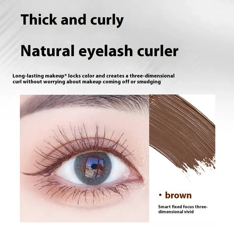 Waterproof steel tube mascara in black and brown shades shown with an eyelash curler.