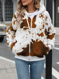 Yellow brown animal print hooded cardigan jacket with zip front