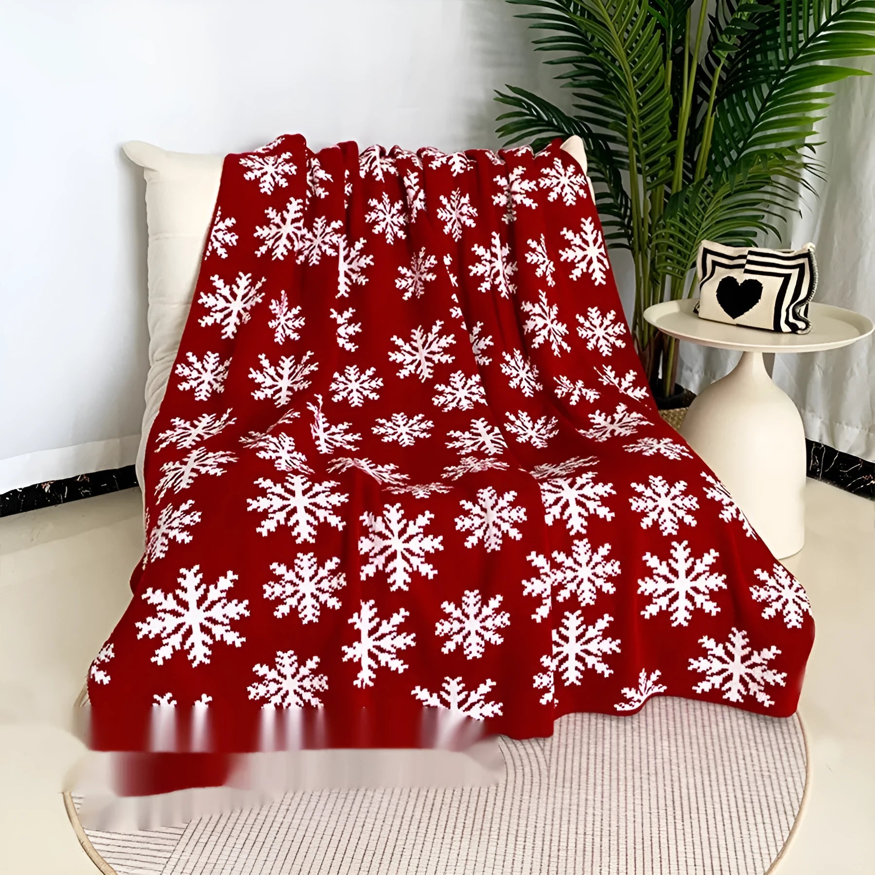 Personalised acrylic Christmas blanket with festive snowflake design in red colours