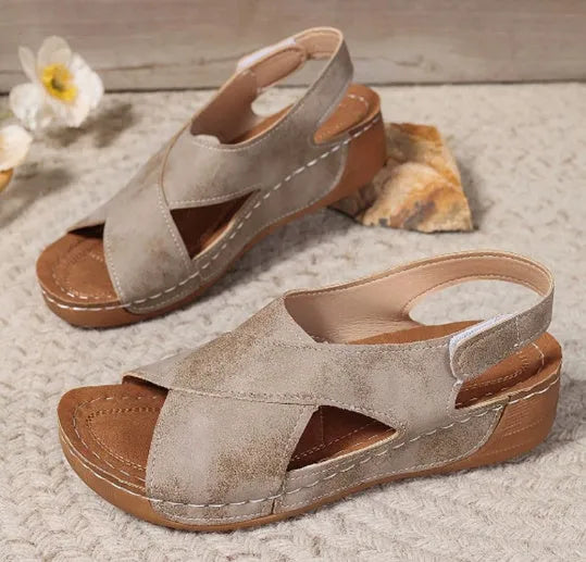 Women's brown Roman platform sandals with Velcro straps and open toe
