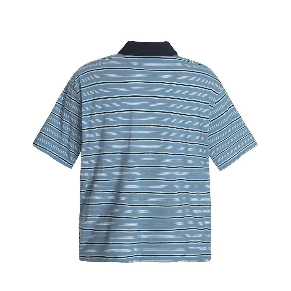Blue stripe vintage short-sleeved polo shirt with loose fit on mannequin