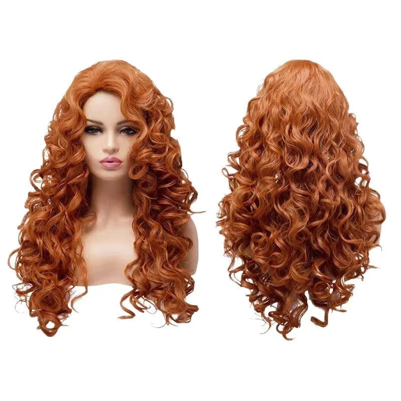 Brown long wavy curly synthetic wig for ladies Halloween cosplay on wig head