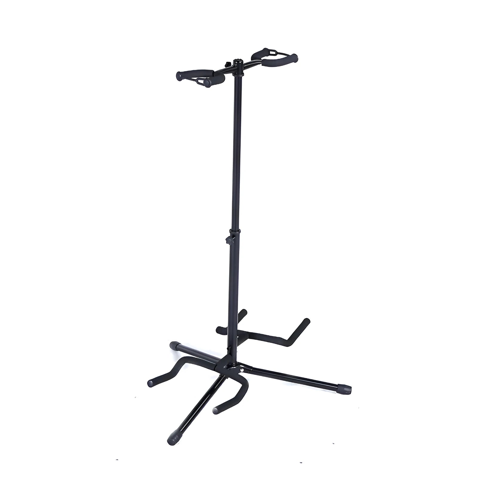 Black iron vertical guitar stand with two heads holding an electric and acoustic guitar.