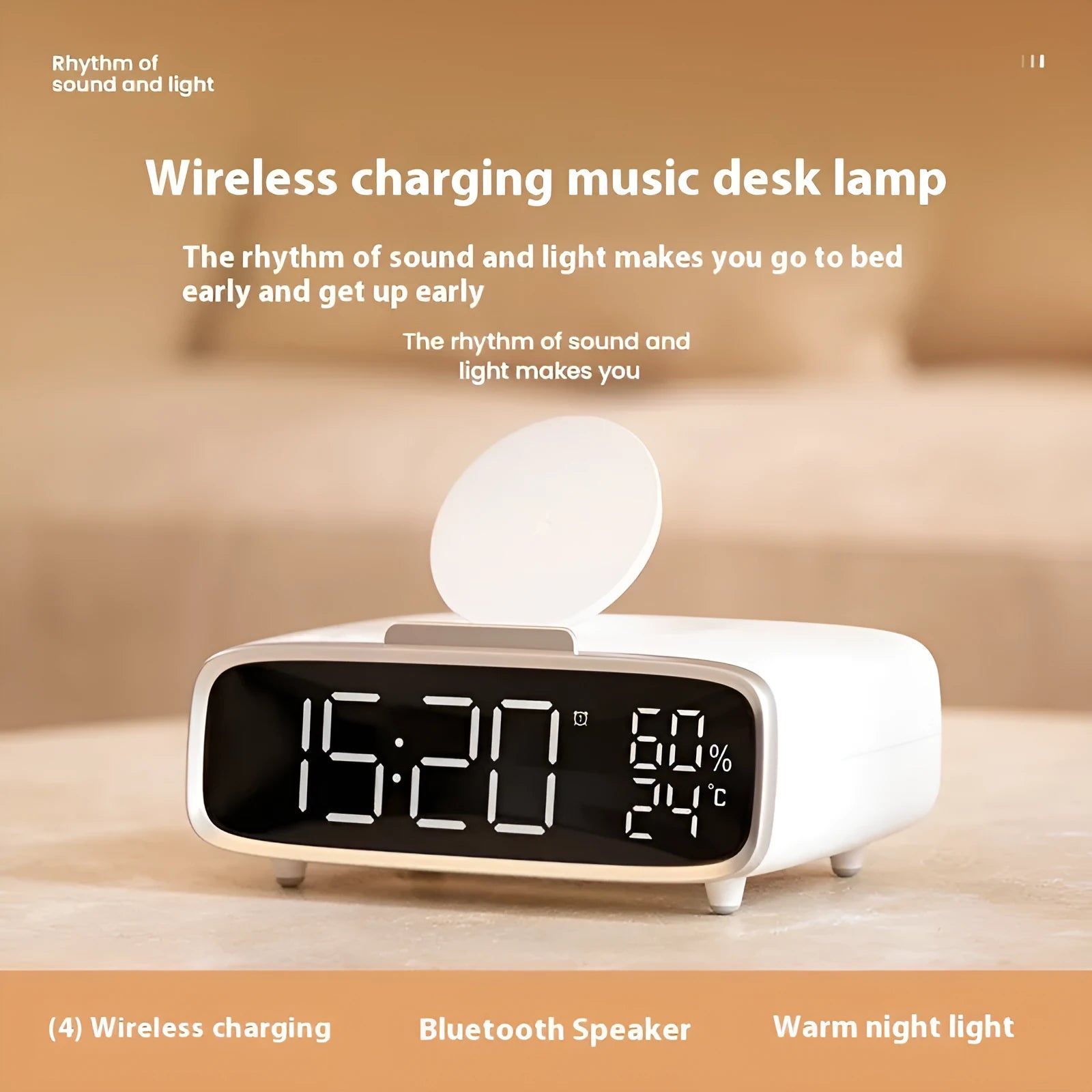 White wireless charger Bluetooth speaker with night light function on wooden surface