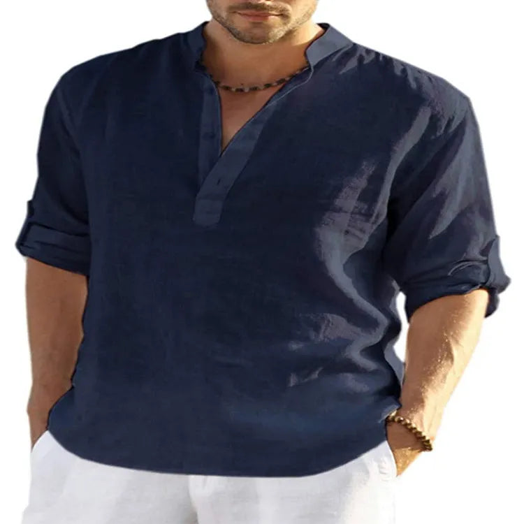 Men's light blue cotton linen casual shirt with a stand collar and button-down front.