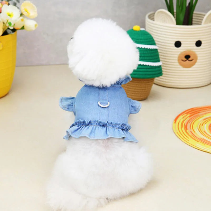 Blue denim dog dress with ruffles and leash hooks on chest and back in dark and light blue colours