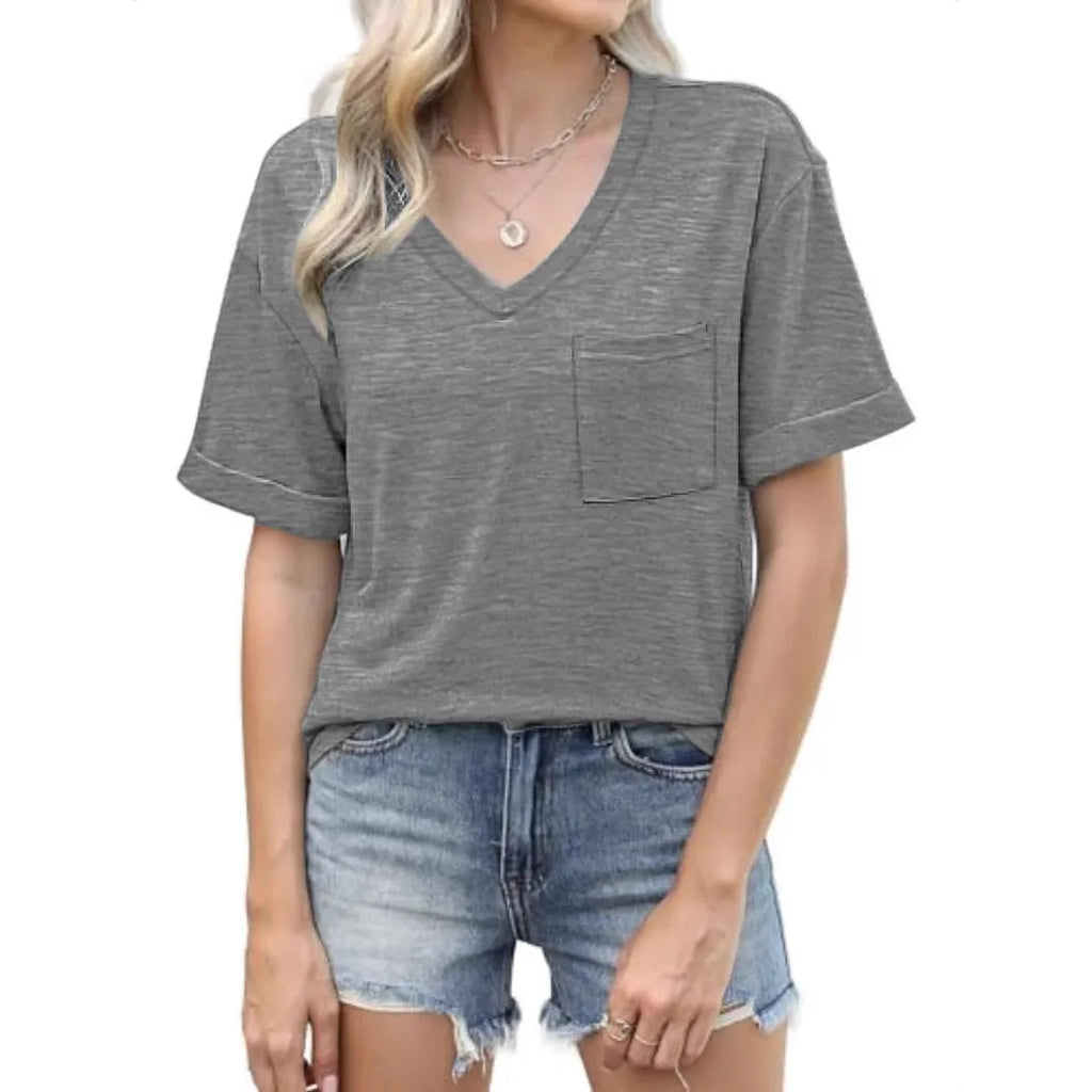 Grey loose V-neck T-shirt with chest pocket in Japanese casual style