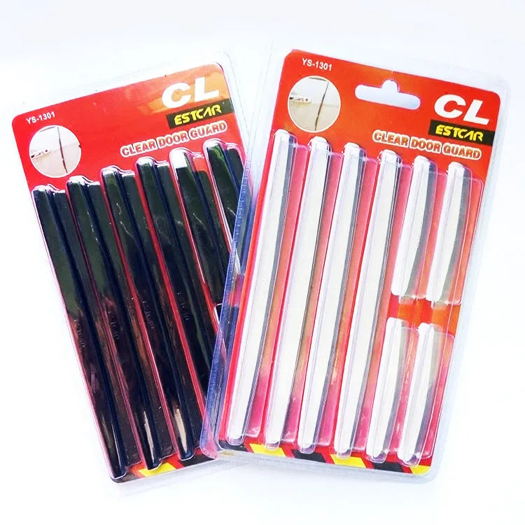 White plastic car door edge bumper strip on a vehicle door for anti-collision protection.