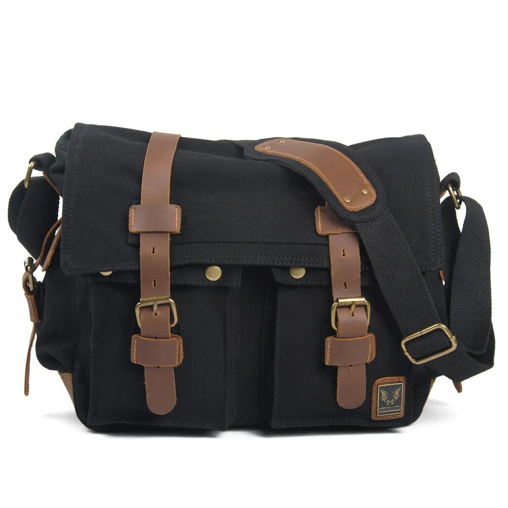 Men's brown retro canvas crossbody bag with a flap closure and a single shoulder strap.