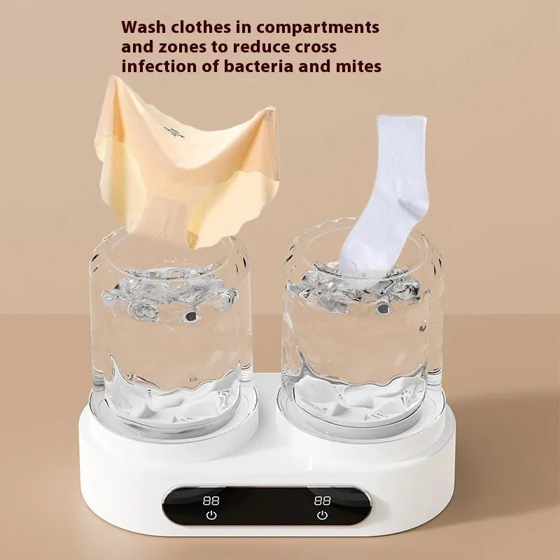 White double bucket mini underwear washing machine with USB cable and mechanical controls.